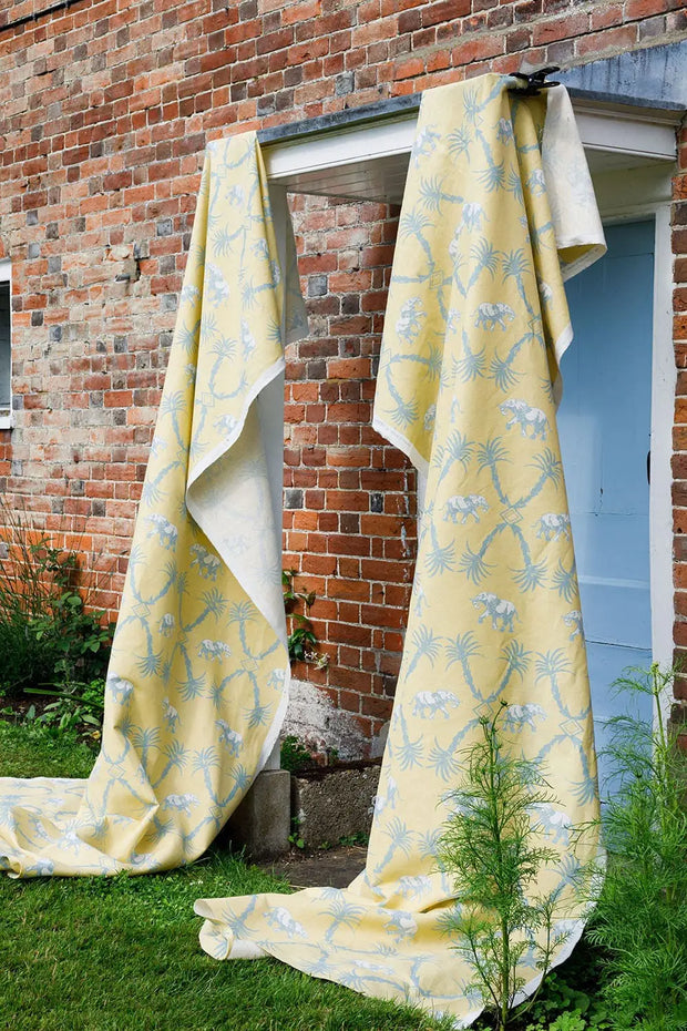 Ochre/Blue Elephant Palm Fabric – Linen Cotton, 140cm, 18"x18"