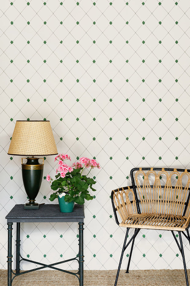 Green Wallpaper – Diamond Trellis | 10m Nonwoven Roll