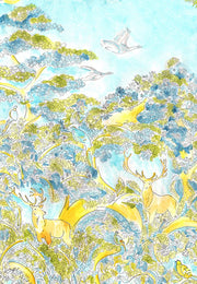 A wallpaper featuring a vibrant pattern with blue, green, yellow, and multicolored floral and animal motifs on a light blue background - Rêve D’enfant Small Wallpaper – Luxury Designer Kids Wall Décor Roll
