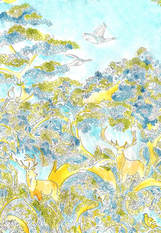 A wallpaper featuring a vibrant pattern with blue, green, yellow, and multicolored floral and animal motifs on a light blue background - Rêve D’enfant Small Wallpaper – Luxury Designer Kids Wall Décor Roll