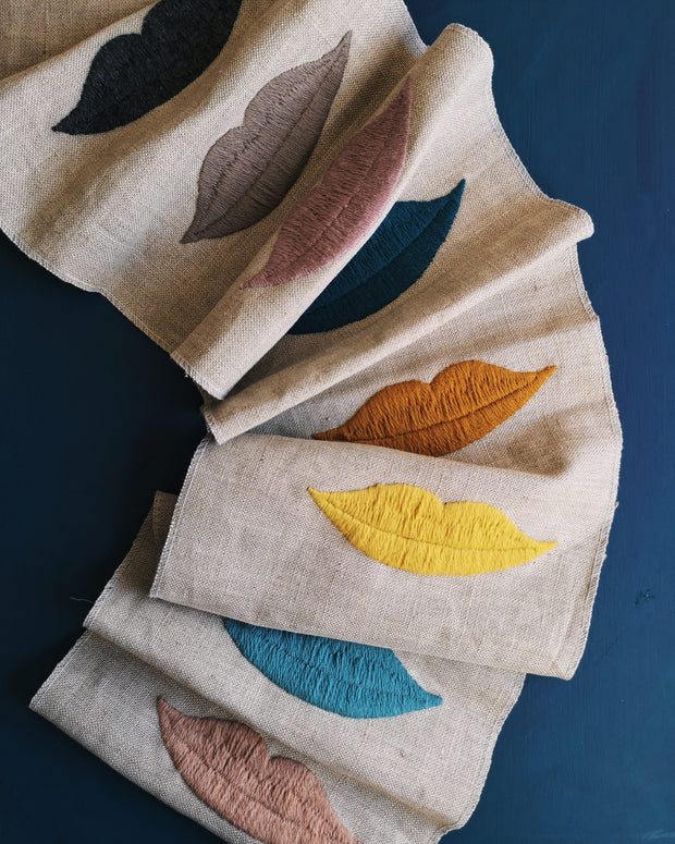 Soft White - Embroidered Lips Fabric - Wool on Flax Linen | Supply Showroom