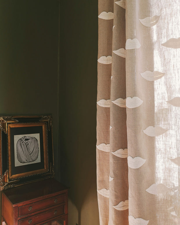 Soft White - Embroidered Lips Fabric - Wool on Flax Linen | Supply Showroom