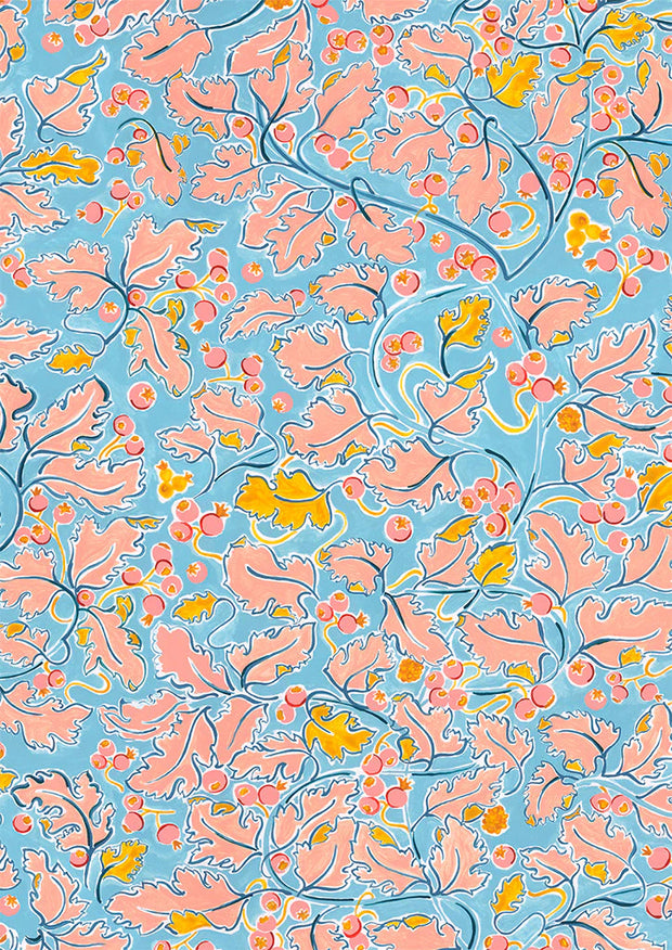 A section of wallpaper with a floral pattern in blue, orange, and pink colors - One Colorway Wallpaper – Véronique, 10m Roll, 52cm Trimmed Width