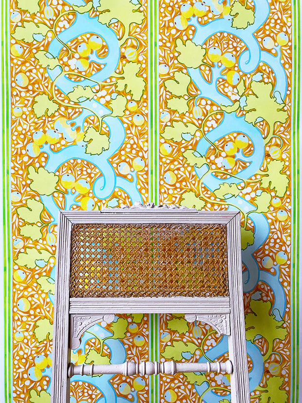 Decorative wall with intricate patterns and a woven basket. - One Colorway Wallpaper – Blanche Collection, 10m Roll, 52cm Width
