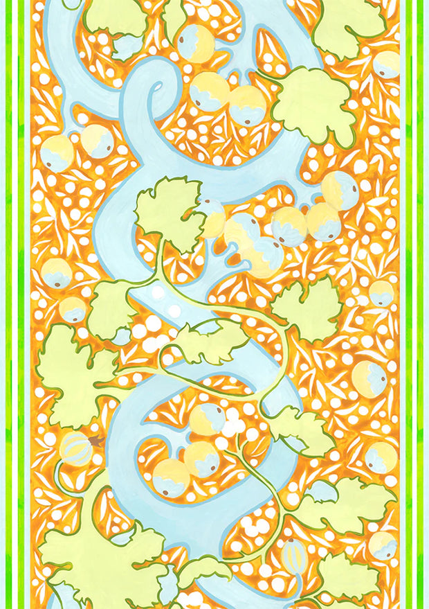 A sample piece of wallpaper with a botanical pattern featuring leaves in various shades of blue, green, orange, and yellow on a light background. - One Colorway Wallpaper – Blanche Collection, 10m Roll, 52cm Width