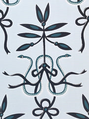A section of wallpaper with a floral and animal pattern predominantly in black, blue, and green colors - Alice Blue Emily Spinach Wallpaper – 27" Roll, Straight Match, Classic Design