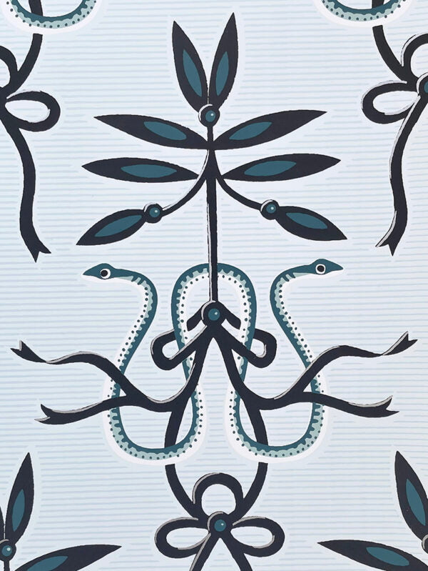 A section of wallpaper with a floral and animal pattern predominantly in black, blue, and green colors - Alice Blue Emily Spinach Wallpaper – 27" Roll, Straight Match, Classic Design