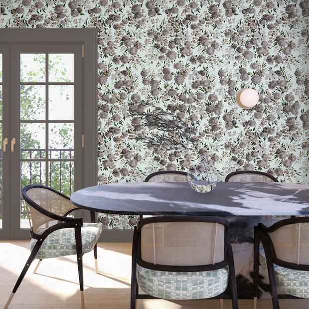 Peony Parade Gray Wallpaper – Modern Floral Double Roll
