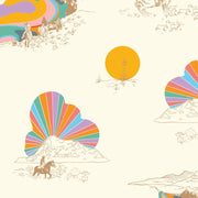 A wallpaper with a cosmic cowboy theme, featuring multicolored patterns with a sun and horses - Ivory Cosmic Cowboy Wallpaper – Clay Coated Western Wallcovering by Yard