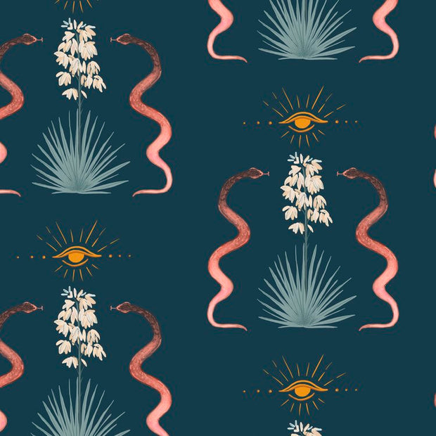 A wallpaper pattern featuring snakes, flowers, and a pearlescent coated paper on a dark blue background with a straight match.