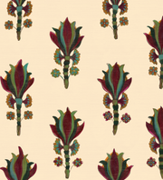 A sample piece of wallpaper with a floral pattern featuring a mix of warm colors like beige, brown, and green, and accents in cooler colors like blue and maroon -Beginning - WP | Antiquity Wallpaper | Non-Woven Fibre by the Yard