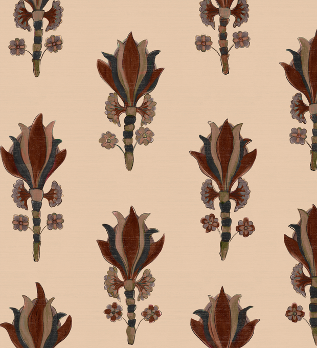 A yard of wallpaper with a floral pattern featuring brown and peach colors on a beige background - Fresco - WP Antiquity Wallpaper | Non-Woven Fibre | Sold by Yard