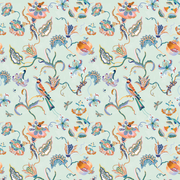 A wallpaper with a vibrant floral and botanical pattern featuring duck egg and persimmon colors on a light background - Bee Eater Wallpaper – Duck Egg & Persimmon | Sarah Gordon Designer WP