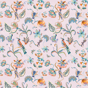 A wallpaper with a floral and animal pattern featuring bee eaters, predominantly in pink and other colors - Bee Eater Wallpaper – Dusty Pink & Persimmon | Sarah Gordon Designer WP