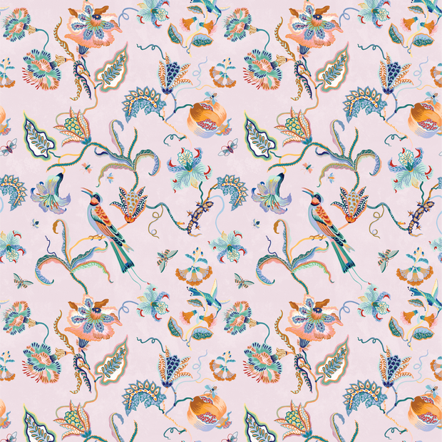 A wallpaper with a floral and animal pattern featuring bee eaters, predominantly in pink and other colors - Bee Eater Wallpaper – Dusty Pink & Persimmon | Sarah Gordon Designer WP