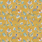 A wallpaper with a floral and animal pattern predominantly in yellow, violet, and blue colors - Bee Eater Wallpaper – Naples Yellow & Violet 