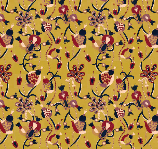 Ornate pattern with stylized figures and floral elements on a yellow background