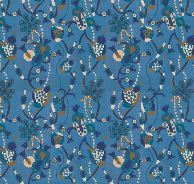 Patterned fabric with intricate design on a blue background - Lagoon Wallpaper – Boteh, Ultra Clay Coated, 27" Wide, Sold by Yard