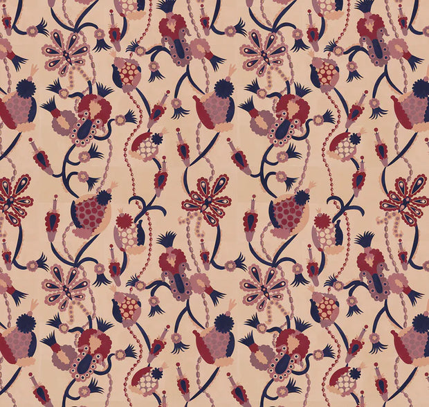 Detailed pattern with abstract floral and bird-like shapes on a light background.