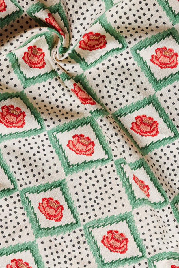 Cream + Red - Peony Fabric - Hand Block Printed Linen Cotton | Supply Showroom