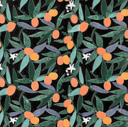 A wallpaper pattern featuring a repeated geometric design of kumquats (small orange citrus fruits) surrounded by green leaves on a black background.