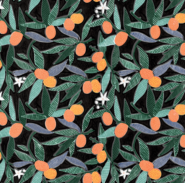 A wallpaper pattern featuring a repeated geometric design of kumquats (small orange citrus fruits) surrounded by green leaves on a black background.