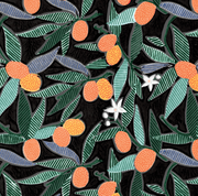 A wallpaper pattern featuring large kumquat fruit illustrations on a dark background with green and orange leaves - Tango Wallpaper – Kumquats Large | Bold Non Woven Fibre WP
