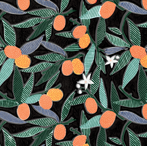 A wallpaper pattern featuring large kumquat fruit illustrations on a dark background with green and orange leaves - Tango Wallpaper – Kumquats Large | Bold Non Woven Fibre WP