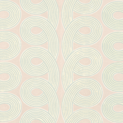 A section of wallpaper with a geometric pattern of loops in beige, blue, and green colors.