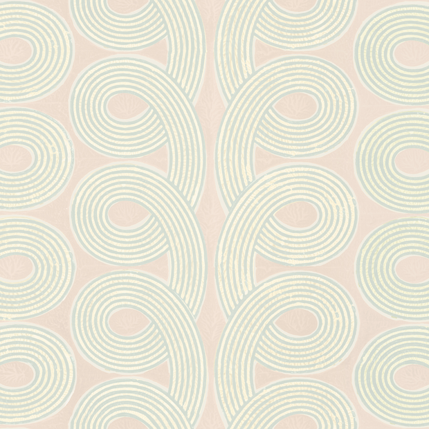A section of wallpaper with a geometric pattern of loops in beige, blue, and green colors.