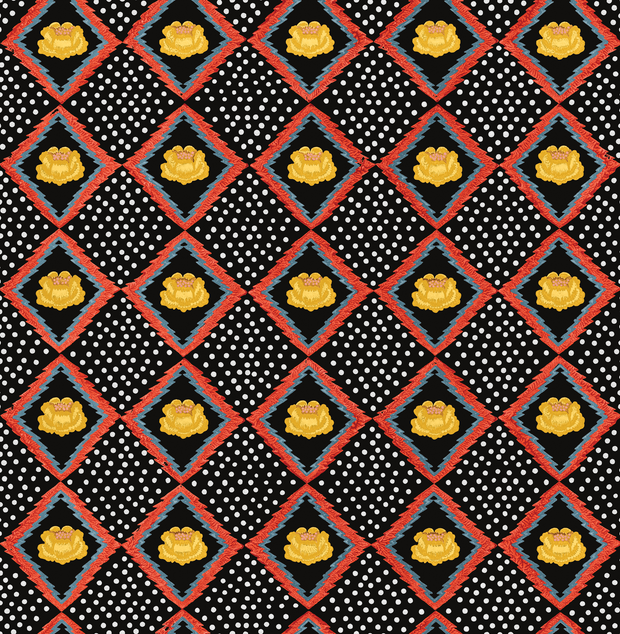 A section of wallpaper with a geometric pattern featuring polka dots and a black, red, and yellow color scheme.
