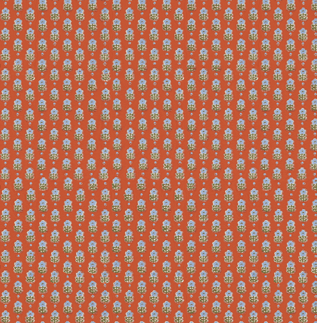 A wallpaper with a red clay color background and a repeated floral pattern of periwinkle houses on a blue background - Red Clay Periwinkle Wallpaper – Non Woven Fibre | Yard