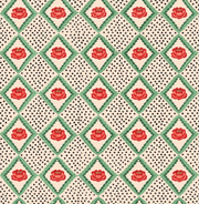 A wallpaper with a geometric pattern featuring cream and red colored peony flowers on a white background with a polka dot design.