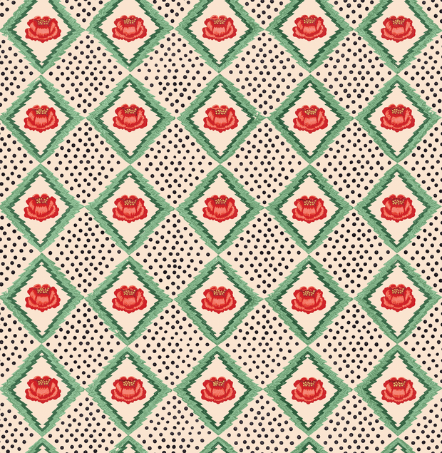A wallpaper with a geometric pattern featuring cream and red colored peony flowers on a white background with a polka dot design.