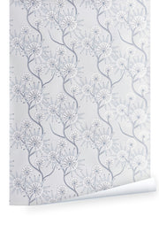 A wallpaper with a floral pattern featuring large white flowers and small branch-like designs, trimmed to a width of 27 inches. Balcombe Wallpaper – Saint Helena Classic Pattern Wall Design