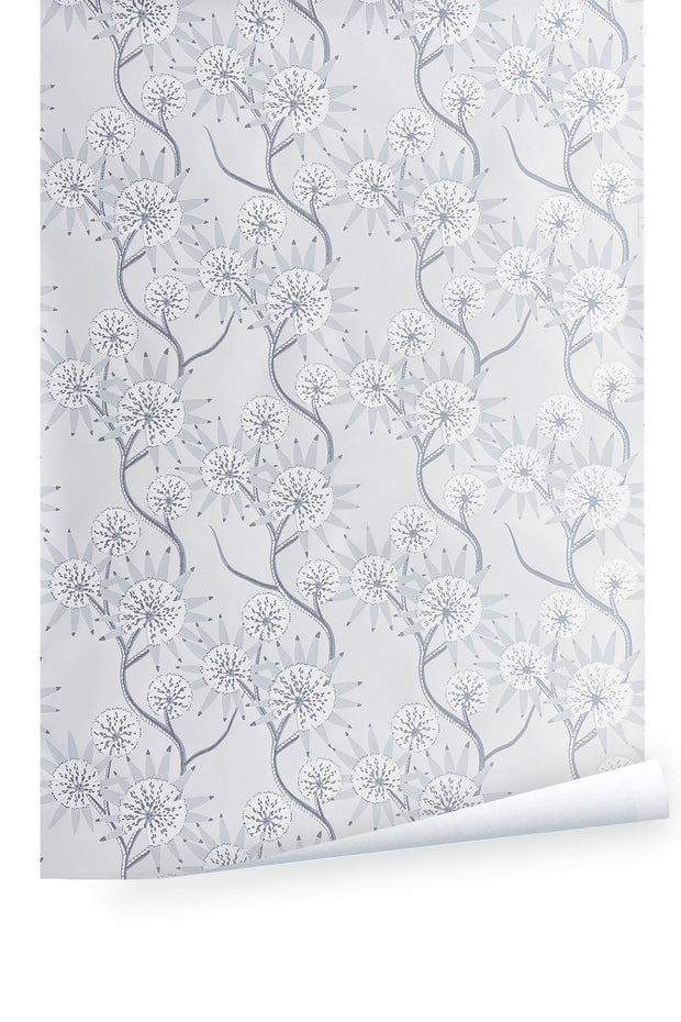 A wallpaper with a floral pattern featuring large white flowers and small branch-like designs, trimmed to a width of 27 inches. Balcombe Wallpaper – Saint Helena Classic Pattern Wall Design