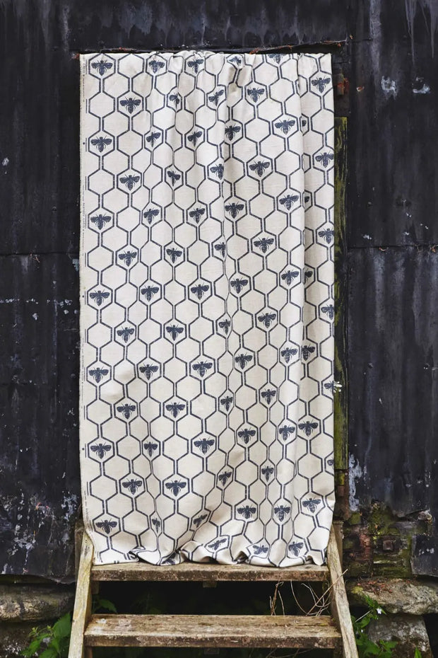 Charcoal Honey Bees Fabric – Linen Cotton, 140cm, 18"x25.2" Repeat