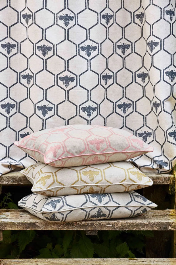 Charcoal Honey Bees Fabric – Linen Cotton, 140cm, 18"x25.2" Repeat