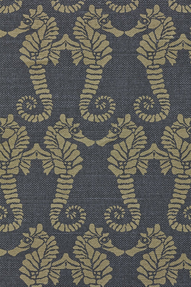 Gold On Charcoal Seahorse Fabric Linen Cotton 140cm Wide SUPPLY gold-on-charcoal-seahorse-fabric-linen-cotton-140cm-wide-supply