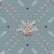A section of wallpaper with a Christmas-themed pattern, featuring green and red berries, leaves, and pink bows on a grey background.