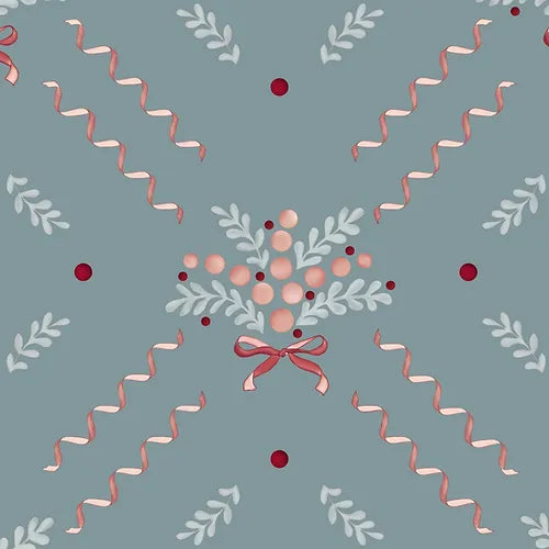 A section of wallpaper with a Christmas-themed pattern, featuring green and red berries, leaves, and pink bows on a grey background.