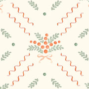 A wallpaper with a floral pattern featuring green leaves, orange berries, and pink and white bows.