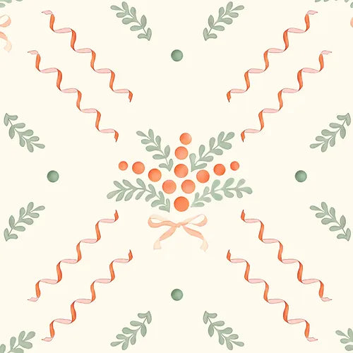 A wallpaper with a floral pattern featuring green leaves, orange berries, and pink and white bows.