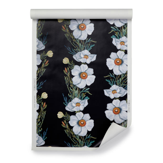 Black Ojai Matilija Wallpaper – 27" Wide, 27" x 29" Repeat, by Yard