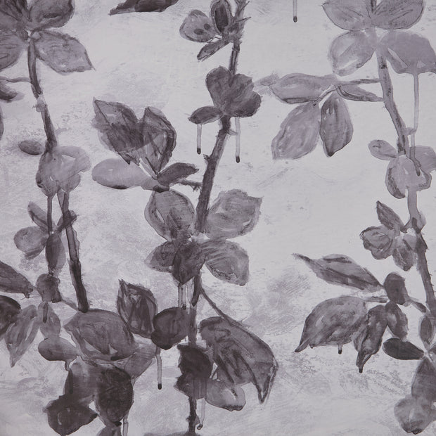 A close-up view of a black and white floral wallpaper with a pattern of brambles and leaves - Black & White Blackberry Brambles Wallpaper – Yard, 54" Width, 62.5" Repeat
