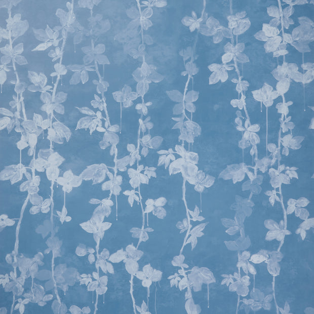 A section of wallpaper with a blue background and a floral pattern of blackberry brambles - Beau Blue Blackberry Brambles Wallpaper – Yard, 54" Width, 62.5" Repeat
