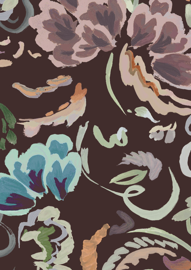 A fabric with a floral pattern in various colors including blue, brown, green, and purple, sold by the yard.