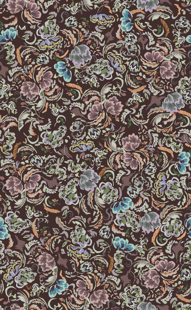 A fabric with a floral pattern featuring various colors such as blue, brown, green, and purple.
