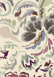 A fabric with a floral pattern in various colors including beige, blush, green, multi, pink, and purple.