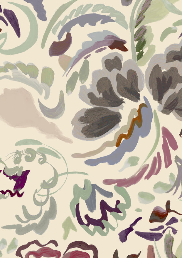 A fabric with a floral pattern in various colors including beige, blush, green, multi, pink, and purple.